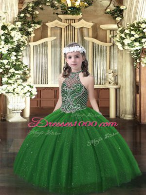 Dark Green Tulle Lace Up Glitz Pageant Dress Sleeveless Floor Length Beading