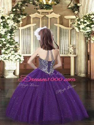 Dark Green Tulle Lace Up Glitz Pageant Dress Sleeveless Floor Length Beading