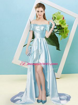 Light Blue Short Sleeves Elastic Woven Satin and Sequined Lace Up Prom Party Dress for Prom and Party