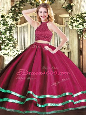 Vintage Ball Gowns Quinceanera Gown Fuchsia High-neck Tulle Sleeveless Floor Length Backless