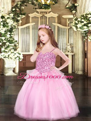 Custom Designed Pink Kids Pageant Dress Party and Quinceanera with Appliques Spaghetti Straps Sleeveless Lace Up