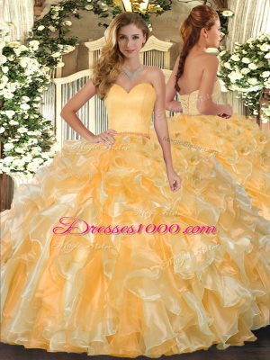 Suitable Gold Lace Up Sweetheart Beading and Ruffles Vestidos de Quinceanera Organza Sleeveless