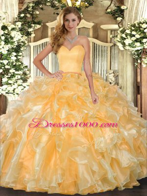 Suitable Gold Lace Up Sweetheart Beading and Ruffles Vestidos de Quinceanera Organza Sleeveless