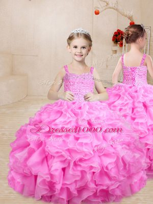 Exquisite Rose Pink Pageant Dress Toddler Sweet 16 and Quinceanera with Beading and Ruffles Straps Sleeveless Lace Up