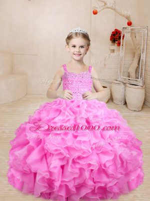 Exquisite Rose Pink Pageant Dress Toddler Sweet 16 and Quinceanera with Beading and Ruffles Straps Sleeveless Lace Up