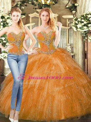 Lovely Orange Red Two Pieces Sweetheart Sleeveless Organza Floor Length Lace Up Beading and Ruffles Quinceanera Gowns