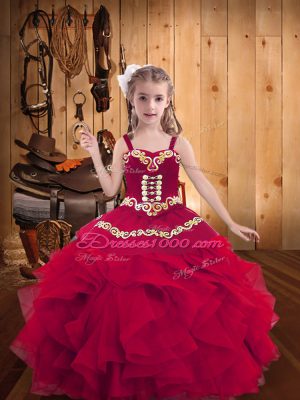 Inexpensive Red Ball Gowns Embroidery and Ruffles Girls Pageant Dresses Lace Up Organza Sleeveless Floor Length