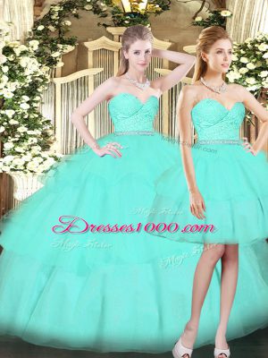 Designer Aqua Blue Lace Up Quinceanera Gowns Ruching Sleeveless Floor Length