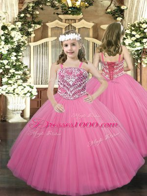 Pretty Floor Length Lace Up Pageant Dress Rose Pink for Party and Quinceanera with Beading
