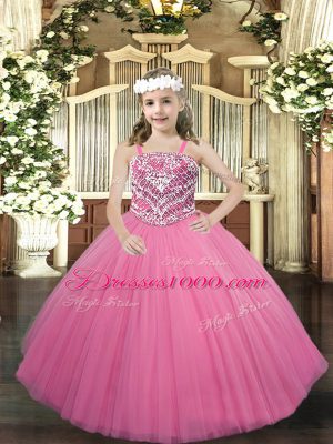 Pretty Floor Length Lace Up Pageant Dress Rose Pink for Party and Quinceanera with Beading