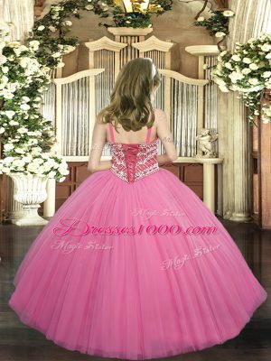 Pretty Floor Length Lace Up Pageant Dress Rose Pink for Party and Quinceanera with Beading