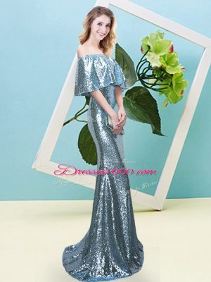 Floor Length Light Blue Dress for Prom Off The Shoulder Half Sleeves Zipper