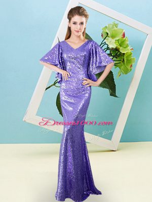 Half Sleeves Sequined Floor Length Zipper Prom Dresses in Lavender with Sequins