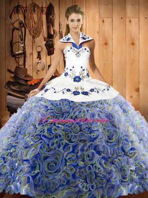 Multi-color Ball Gowns Halter Top Sleeveless Fabric With Rolling Flowers Sweep Train Lace Up Embroidery Vestidos de Quinceanera