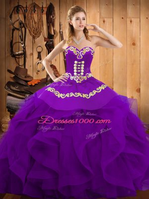 Purple Lace Up Sweet 16 Quinceanera Dress Embroidery and Ruffles Sleeveless Floor Length