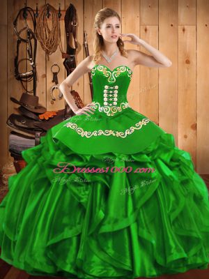 Sweetheart Lace Up Embroidery and Ruffles Quince Ball Gowns Sleeveless