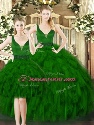 Floor Length Lace Up 15 Quinceanera Dress Dark Green for Military Ball and Sweet 16 and Quinceanera with Beading and Ruffles