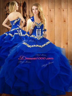 Beautiful Floor Length Lace Up 15 Quinceanera Dress Blue for Military Ball and Sweet 16 and Quinceanera with Embroidery and Ruffles