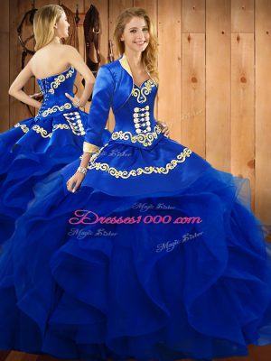 Beautiful Floor Length Lace Up 15 Quinceanera Dress Blue for Military Ball and Sweet 16 and Quinceanera with Embroidery and Ruffles
