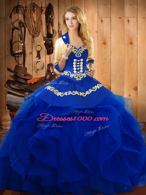 Beautiful Floor Length Lace Up 15 Quinceanera Dress Blue for Military Ball and Sweet 16 and Quinceanera with Embroidery and Ruffles