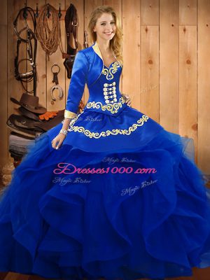Beautiful Floor Length Lace Up 15 Quinceanera Dress Blue for Military Ball and Sweet 16 and Quinceanera with Embroidery and Ruffles