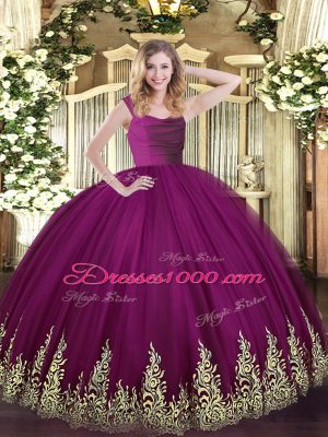 Fuchsia Sleeveless Floor Length Lace and Appliques Zipper 15 Quinceanera Dress