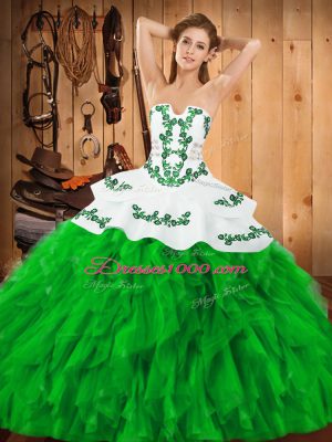 Green Lace Up Strapless Embroidery and Ruffles Quince Ball Gowns Satin and Organza Sleeveless