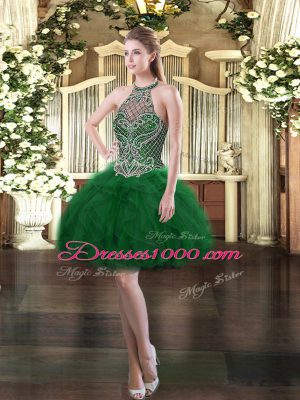 On Sale Sleeveless Tulle Mini Length Lace Up Prom Evening Gown in Dark Green with Beading and Ruffles