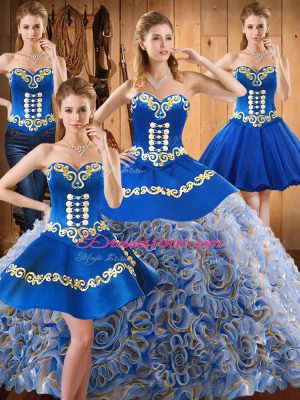 Exquisite Multi-color Ball Gowns Satin and Fabric With Rolling Flowers Sweetheart Sleeveless Embroidery With Train Lace Up Vestidos de Quinceanera Sweep Train