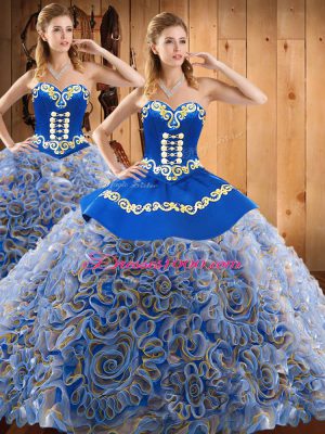 Exquisite Multi-color Ball Gowns Satin and Fabric With Rolling Flowers Sweetheart Sleeveless Embroidery With Train Lace Up Vestidos de Quinceanera Sweep Train