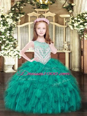 Floor Length Zipper Little Girl Pageant Dress Turquoise for Party and Quinceanera with Beading and Ruffles