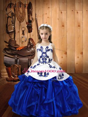 Floor Length Royal Blue Pageant Gowns For Girls Straps Sleeveless Lace Up