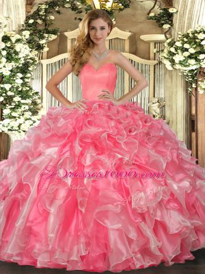 Super Ball Gowns Vestidos de Quinceanera Watermelon Red Sweetheart Organza Sleeveless Floor Length Lace Up