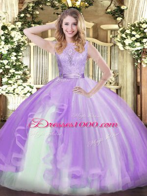 Lavender Sleeveless Organza Backless Quince Ball Gowns for Military Ball and Sweet 16 and Quinceanera