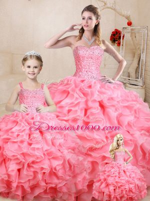 Artistic Watermelon Red Sleeveless Organza Lace Up Quince Ball Gowns for Sweet 16 and Quinceanera