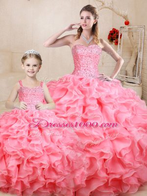Artistic Watermelon Red Sleeveless Organza Lace Up Quince Ball Gowns for Sweet 16 and Quinceanera