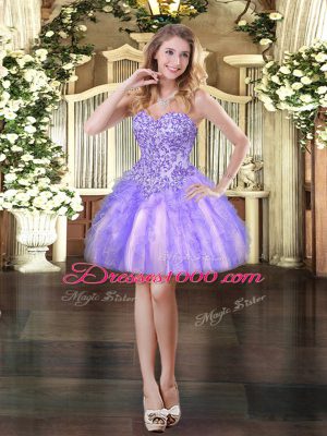Lavender Ball Gowns Sweetheart Sleeveless Tulle Mini Length Lace Up Appliques and Ruffles Homecoming Dress