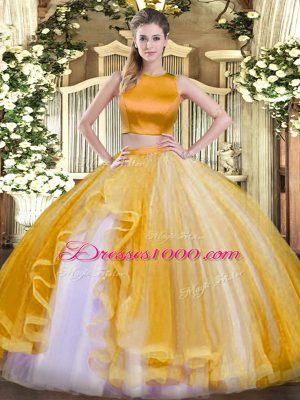 Cheap Gold Sleeveless Ruffles Floor Length Quince Ball Gowns