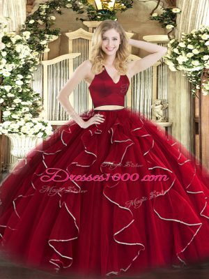 Fancy Wine Red Sleeveless Organza Zipper Sweet 16 Dresses for Military Ball and Sweet 16 and Quinceanera