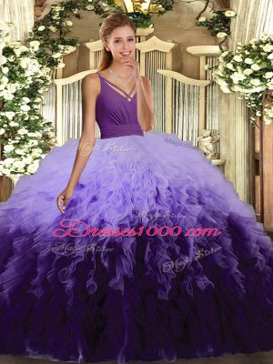 Glittering Multi-color V-neck Backless Ruffles Quince Ball Gowns Sleeveless