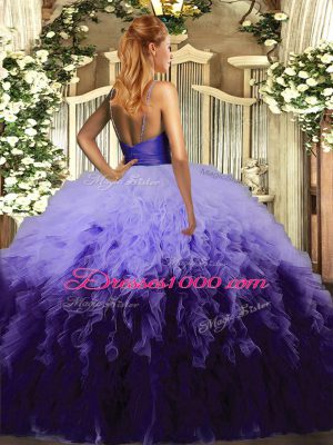 Glittering Multi-color V-neck Backless Ruffles Quince Ball Gowns Sleeveless