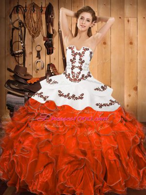 Rust Red Satin and Organza Lace Up Quinceanera Dress Sleeveless Floor Length Embroidery and Ruffles