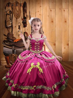 Hot Pink Satin Lace Up Off The Shoulder Sleeveless Floor Length Little Girl Pageant Gowns Beading and Embroidery