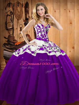 Sweetheart Sleeveless Sweet 16 Quinceanera Dress Floor Length Embroidery Eggplant Purple Satin and Tulle