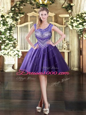 Sleeveless Tulle Mini Length Zipper Prom Gown in Purple with Beading