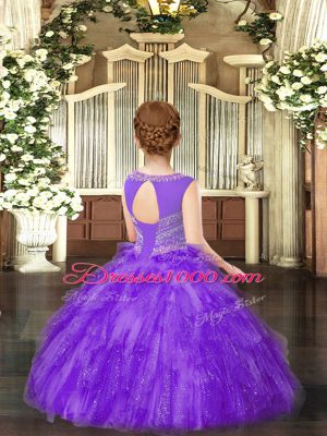 Sleeveless Floor Length Beading and Ruffles Lace Up Little Girl Pageant Dress with Rose Pink