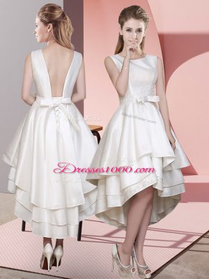 Custom Design Satin Sleeveless High Low Bridesmaid Gown and Ruffled Layers