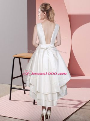 Custom Design Satin Sleeveless High Low Bridesmaid Gown and Ruffled Layers