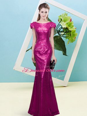 Affordable Floor Length Mermaid Cap Sleeves Fuchsia Prom Evening Gown Zipper