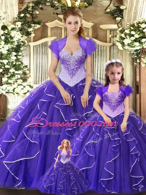 Colorful Purple Lace Up Scoop Beading and Ruffles Ball Gown Prom Dress Tulle Sleeveless
